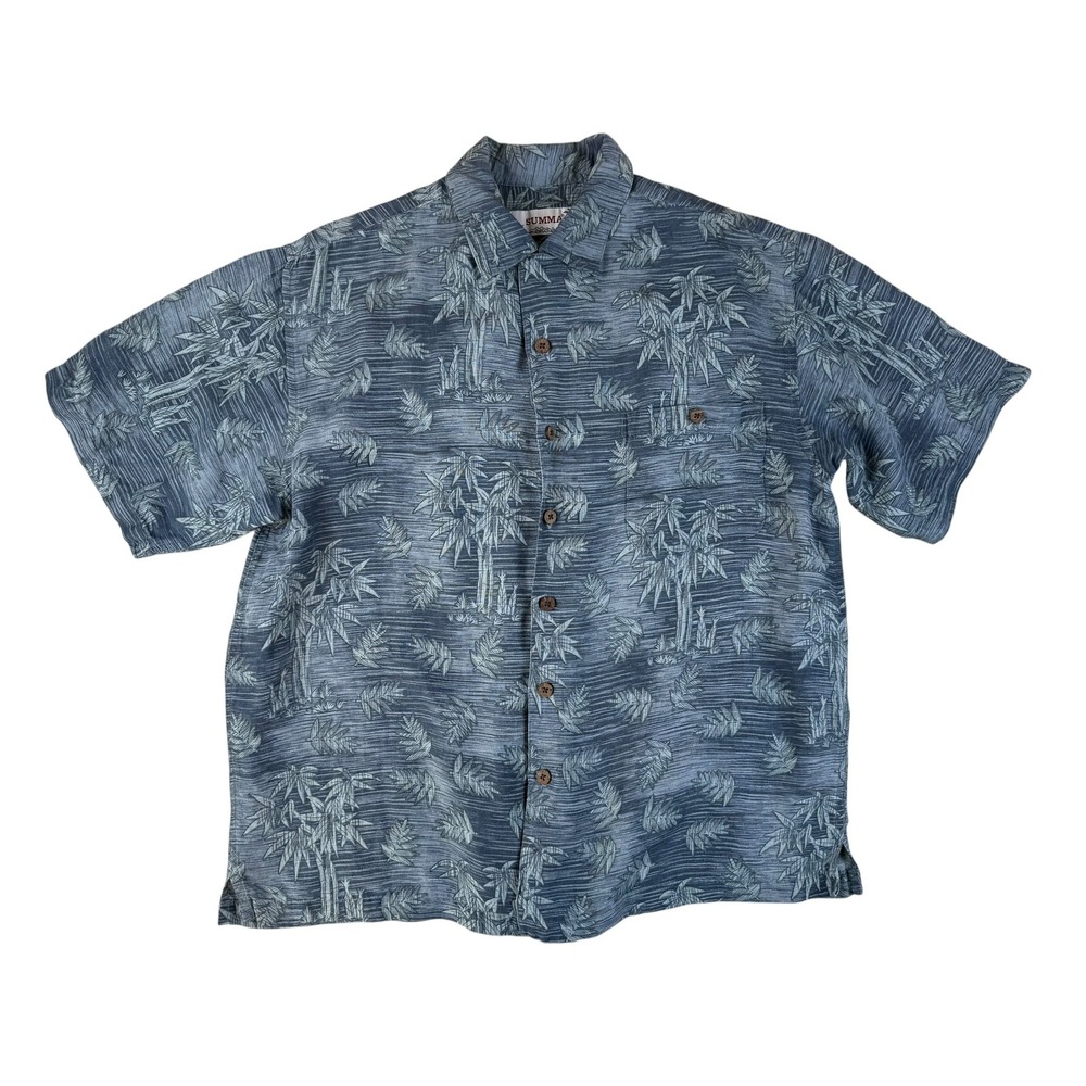 Tropical Aloha Shirt Linen Blend Palm Tree Print Large Summa